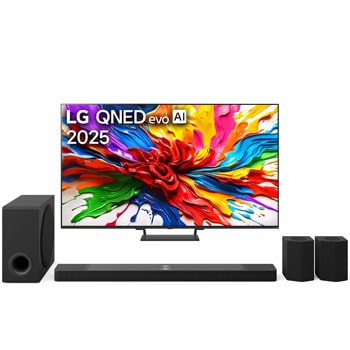 Przedni widok na TV LG QNED evo QNED93, logo AI LG QNED evo w górnym rogu. TV LG QNED evo przedstawia kolorowe, przypominające farbę tekstury.