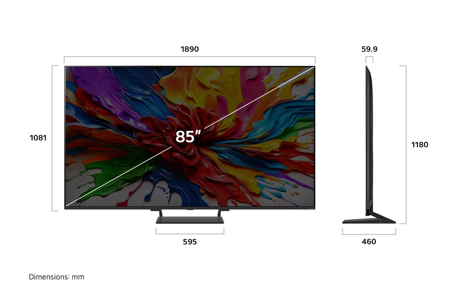Przedni i boczny widok na LG QNED evo AI 4K Smart TV QNED92 prezentujący jego długość, szerokość, wysokość i głębokość.