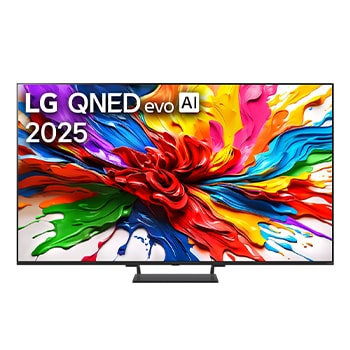 Przedni widok na TV LG QNED evo QNED93, logo AI LG QNED evo w górnym rogu. TV LG QNED evo przedstawia kolorowe, przypominające farbę tekstury.