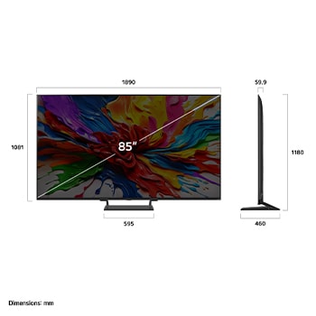 Przedni i boczny widok na LG QNED evo AI 4K Smart TV QNED92 prezentujący jego długość, szerokość, wysokość i głębokość.