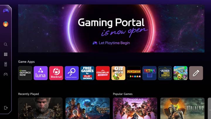 Ekran główny Gaming Portal. Kursor porusza się i klika, pokazując popularne tytuły gier oraz możliwość wyboru gier w zależności od rodzaju kontrolera – gamepada lub pilota. 