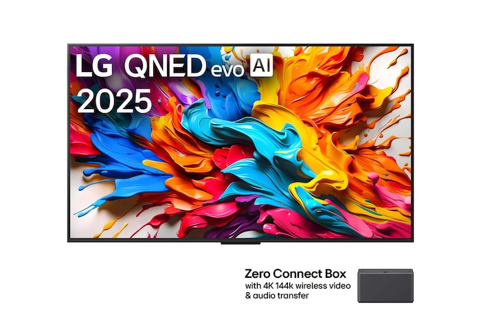 Widok z przodu telewizora LG QNED evo AI QNED9M. Logo LG QNED evo AI w górnym rogu. TV LG QNED evo przedstawia kolorowe, przypominające farbę tekstury. Zero Connect Box w rogu z tytułem Zero Connect Box z bezprzewodowym przesyłaniem obrazu i dźwięku 4K 144 Hz.
