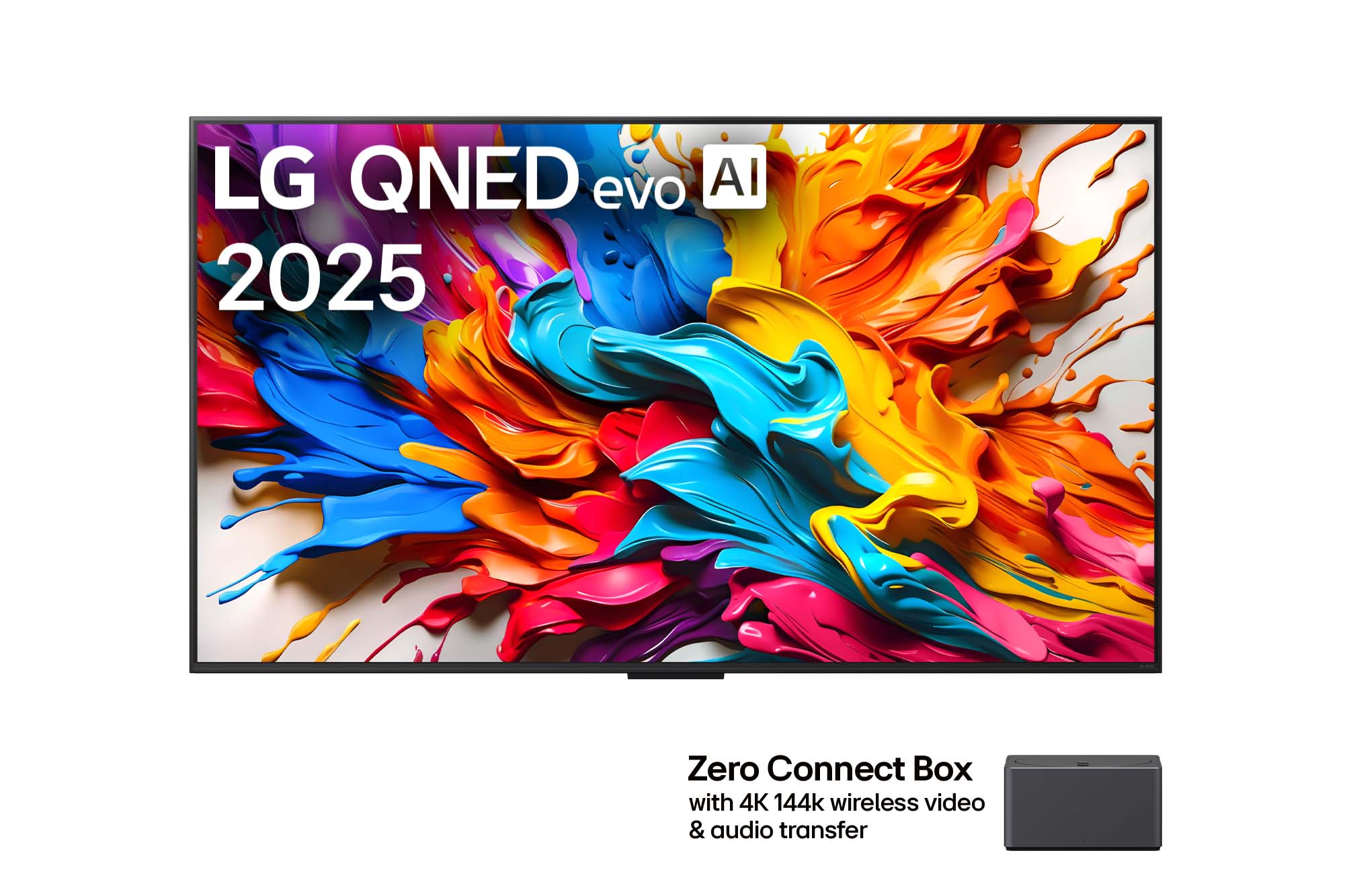 Widok z przodu telewizora LG QNED evo AI QNED9M. Logo LG QNED evo AI w górnym rogu. TV LG QNED evo przedstawia kolorowe, przypominające farbę tekstury. Zero Connect Box w rogu z tytułem Zero Connect Box z bezprzewodowym przesyłaniem obrazu i dźwięku 4K 144 Hz.