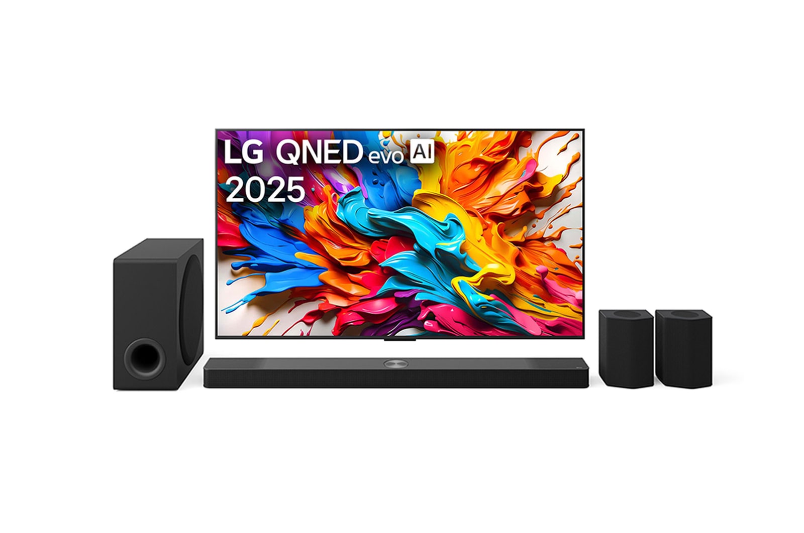 Widok z przodu telewizora LG QNED evo AI QNED9M. Logo LG QNED evo AI w górnym rogu. TV LG QNED evo przedstawia kolorowe, przypominające farbę tekstury. Zero Connect Box w rogu z tytułem Zero Connect Box z bezprzewodowym przesyłaniem obrazu i dźwięku 4K 144 Hz.