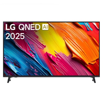 Front view of LG QNED70 TV, LG QNED Al Logo on the top corner. LG QNED TV depicts colorful paintike textures coming together.