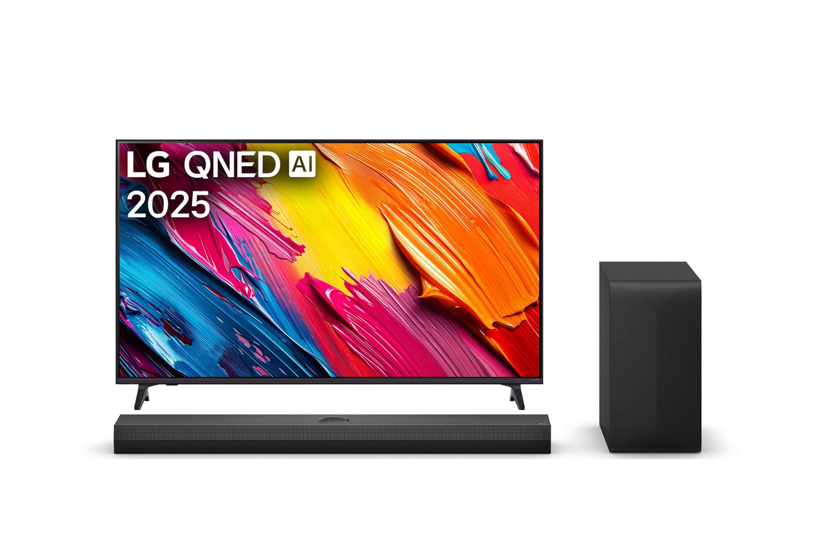 Front view of LG QNED70 TV, LG QNED Al Logo on the top corner. LG QNED TV depicts colorful paintike textures coming together.