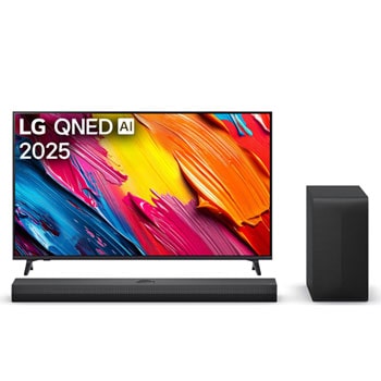 Front view of LG QNED70 TV, LG QNED Al Logo on the top corner. LG QNED TV depicts colorful paintike textures coming together.