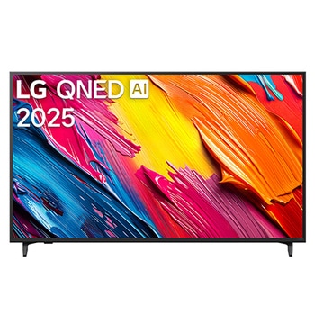 Front view of LG QNED70 TV, LG QNED Al Logo on the top corner. LG QNED TV depicts colorful paintike textures coming together.