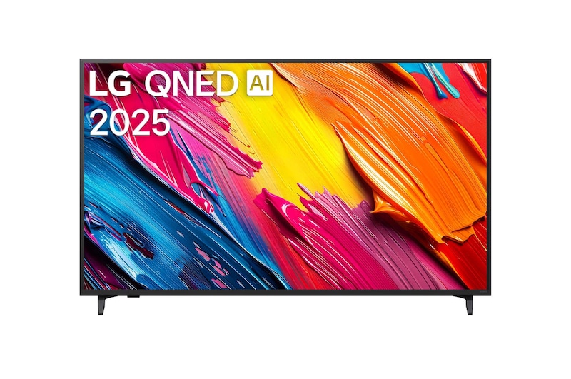 Front view of LG QNED70 TV, LG QNED Al Logo on the top corner. LG QNED TV depicts colorful paintike textures coming together.