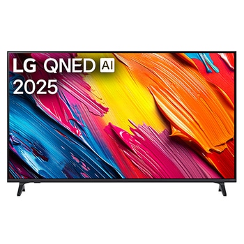 Front view of LG QNED70 TV, LG QNED Al Logo on the top corner. LG QNED TV depicts colorful paintike textures coming together.