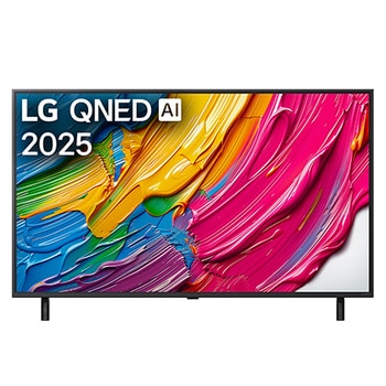 Przedni widok na LG QNED80 TV, logo AI LG QNED w górnym rogu. LG QNED TV przedstawia kolorowe, przypominające farbę tekstury.
