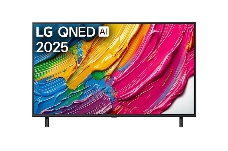 Przedni widok na LG QNED80 TV, logo AI LG QNED w górnym rogu. LG QNED TV przedstawia kolorowe, przypominające farbę tekstury.