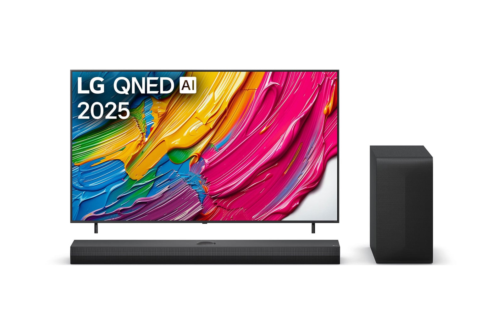 Przedni widok na LG QNED80 TV, logo AI LG QNED w górnym rogu. LG QNED TV przedstawia kolorowe, przypominające farbę tekstury.
