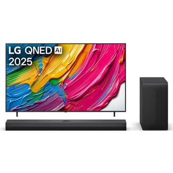 Przedni widok na LG QNED80 TV, logo AI LG QNED w górnym rogu. LG QNED TV przedstawia kolorowe, przypominające farbę tekstury.
