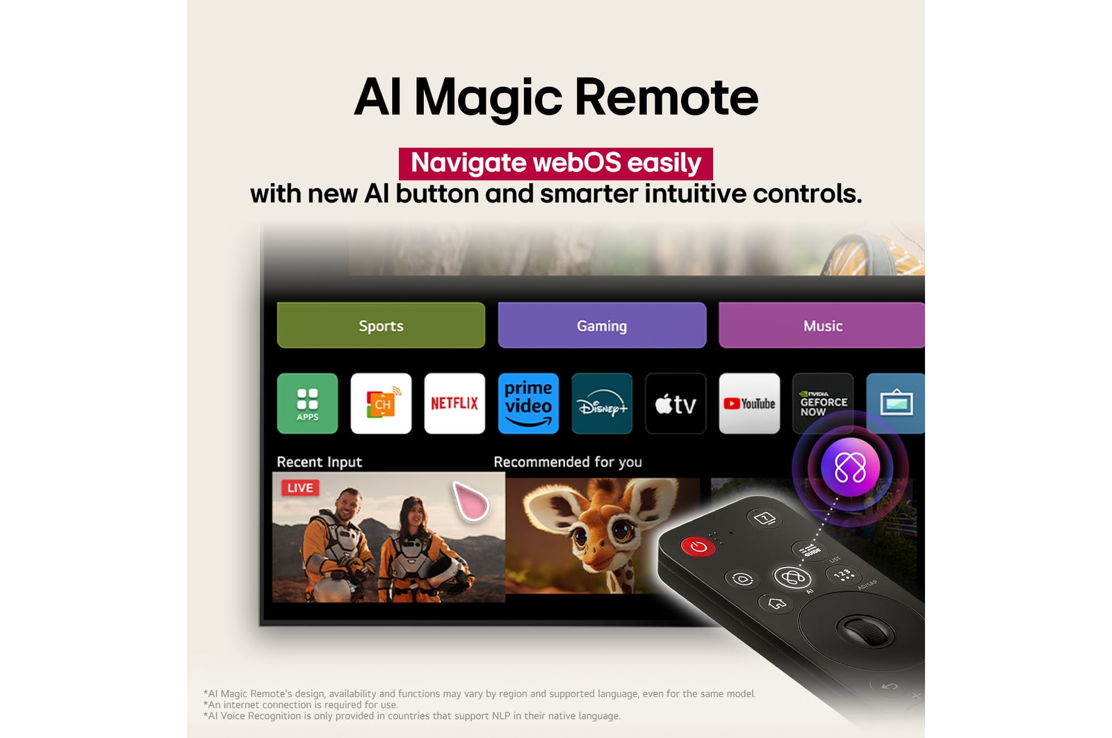 LG AI Magic z podświetlonym przyciskiem AI. Wokół niego znajdują się różne funkcje, do których użytkownik może uzyskać dostęp za pomocą przycisku. AI Voice ID, AI Search, AI Chatbot, AI Concierge, AI Picture Wizard, AI Sound Wizard. Tekst wyjaśnia, że pilot LG AI Magic dopełnia wrażenia AI dzięki dedykowanemu przyciskowi AI i może być używany jak mysz powietrzna. Wystarczy wskazać i kliknąć.
