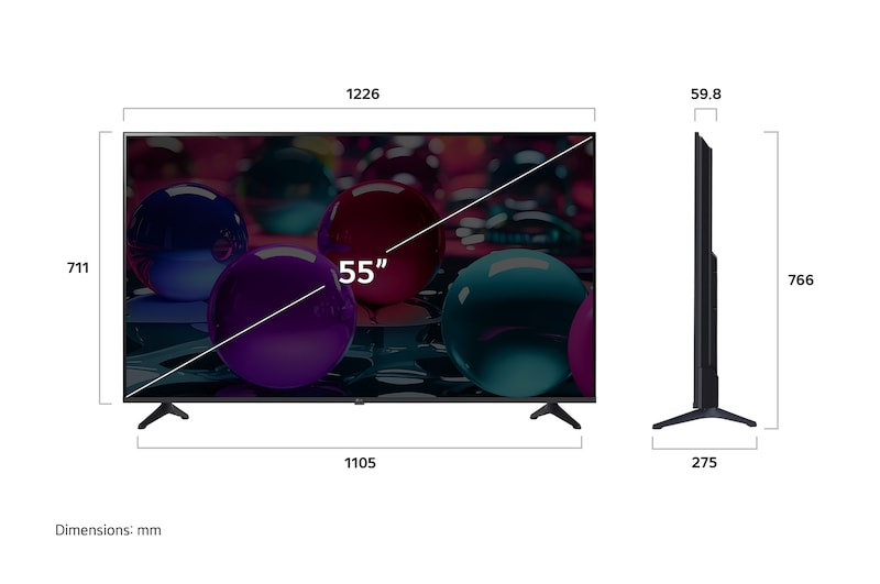 Widok z przodu i z boku na LG UHD AI UA73fv 4K Smart TV prezentujący jego długość, szerokość, wysokość i głębokość.
