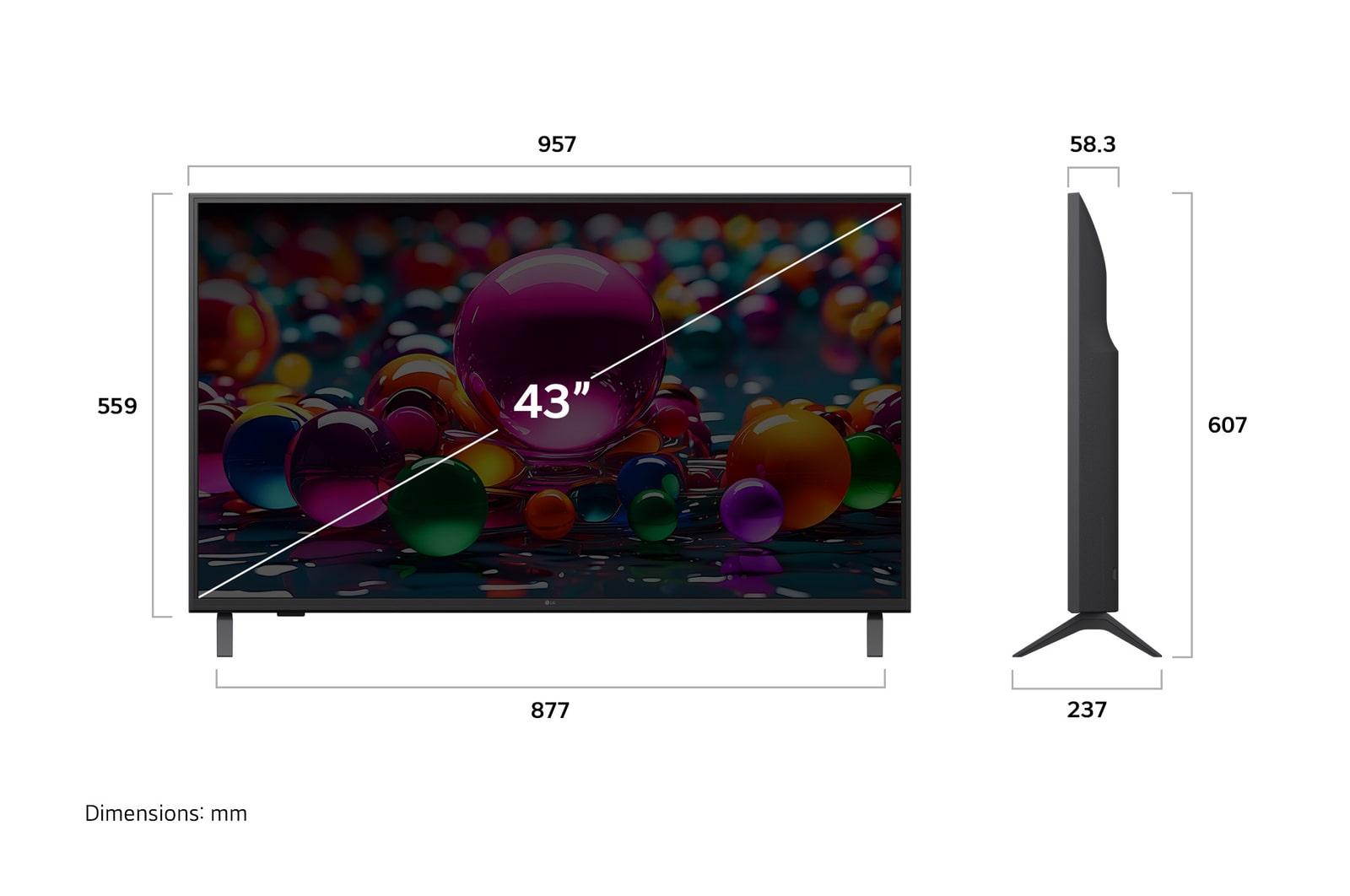 Widok z przodu i z boku na LG UHD AI UA75 4K Smart TV prezentujący jego długość, szerokość, wysokość i głębokość.