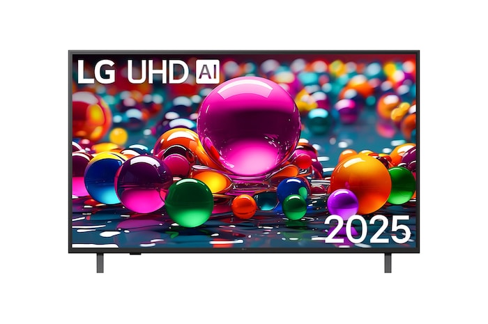 Przedni widok na UHD UA75 TV, logo AI LG UHD w górnym rogu. LG UHD TV przedstawia kolorowe, przypominające farbę tekstury.