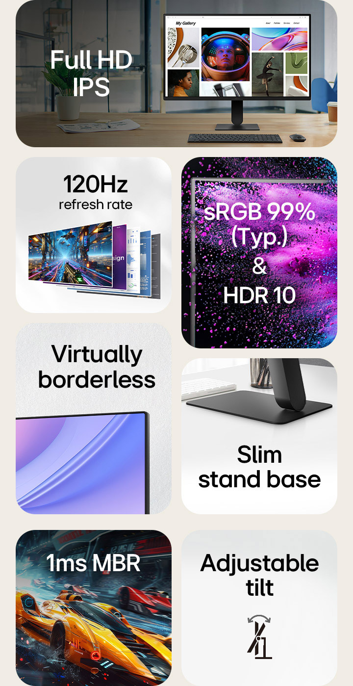 Przegląd funkcji monitora w stylu siatki, podkreślający kluczowe specyfikacje: Ekran Full HD IPS, częstotliwość odświeżania 120 Hz, gama kolorów sRGB wynosząca 99% (typowo) z HDR10, praktycznie bez ramek, smukła podstawa, technologia MBR (Motion Blur Reduction) z czasem reakcji 1 ms oraz regulacja nachylenia. Każda funkcja jest wyświetlana z reprezentacyjnym obrazem lub ikoną.