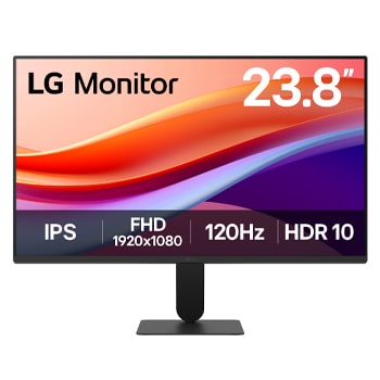 Front view of 23,8-calowy monitor LG z panelem IPS Full HD i częstotliwością odświeżania 120 Hz, o konstrukcji praktycznie bezramkowej, pokrycie przestrzeni barwnej sRGB na poziomie 99% (typowo), HDR 10, czas reakcji MBR 1 ms 24U41YA-B