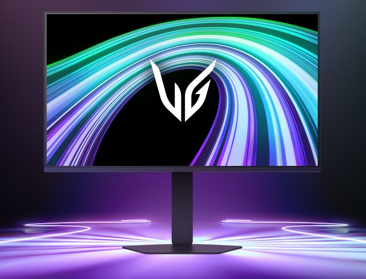 Zdjęcie monitora gamingowego UltraGear™ 27G550B z przodu, w futurystycznym pomieszczeniu oświetlonym neonami.