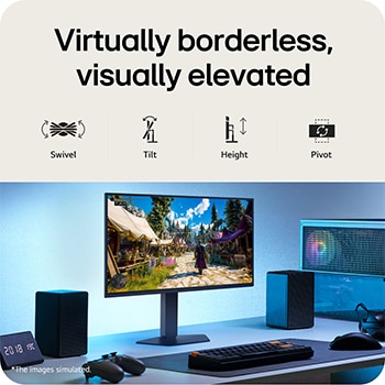 Zdjęcie przedstawia monitor gamingowy UltraGear™ w konfiguracji biurkowej wyświetlający scenę z gry, z ikonami wskazującymi na bezramkową konstrukcję z trzech stron, regulację wysokości, możliwość pochylania oraz kompatybilność z uchwytem ściennym.