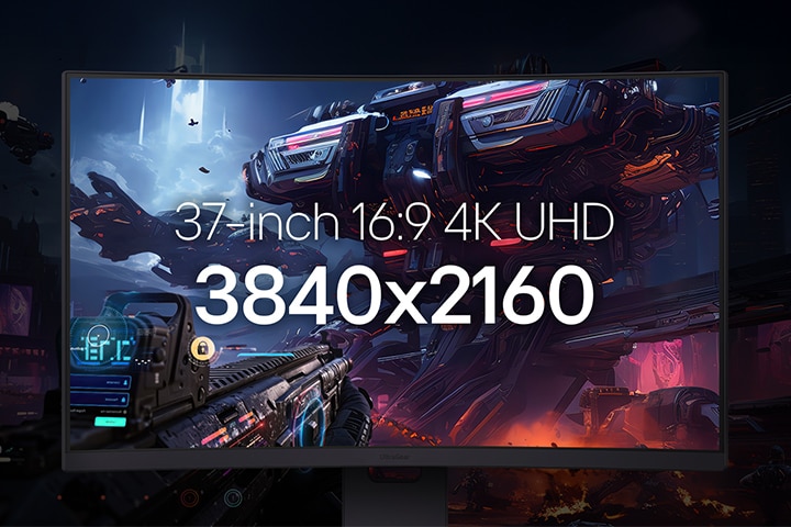 Widok z przodu monitora LG UltraGear™ 37G800A wyświetlającego futurystyczną scenę bitwy science fiction. Nakładany tekst podkreśla rozdzielczość i format: „37 cali, 16:9, 4K UHD, 3840×2160”.