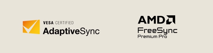 Logo NVIDIA G-SYNC, VESA AdaptiveSync i AMD FreeSync Premium Pro.