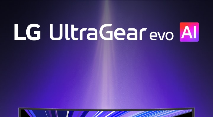 Logo UltraGear™ evo AI w futurystycznym pomieszczeniu oświetlonym neonami.