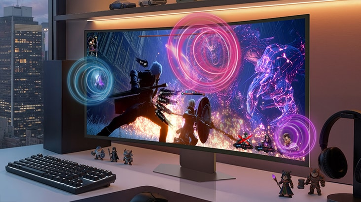 Der UltraGear-Gaming-Monitor (39GX950B) sorgt mit integrierten Lautsprechern und AI Sound für klaren, fesselnden Gaming-Sound	