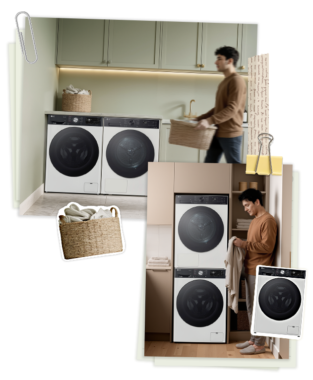Obraz w stylu kolażu przedstawiający mężczyznę przygotowującego pranie w małej przestrzeni, z pralkami i suszarkami zainstalowanymi zarówno pionowo, jak i obok siebie	