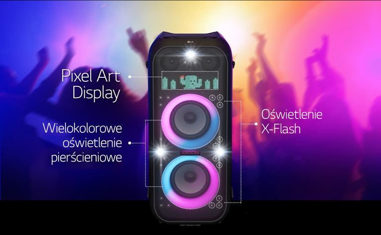 Widok głośnika od przodu. Widoczna jest linia, która informuje o każdej części oświetlenia. Na górze znajduje się Pixel Art Display wyświetlający postać kaktusa. Na środku włączone jest oświetlenie wielokolorowego pierścienia, które przechodzi od różu do cyjanu. Oświetlenie X-Flash jest rozproszone po całym głośniku.