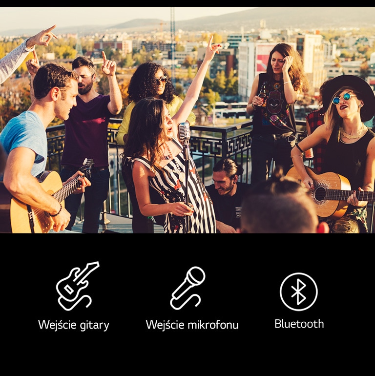 Ludzie cieszą się koncertem akustycznym dzięki LG XBOOM XL9T. Pod obrazem znajdują się ikony gitary, mikrofonu i Bluetooth.