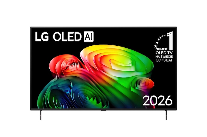 Widok z przodu telewizora LG OLED AI B6, wydanego w 2026 roku, przedstawia obraz warstwowych, wielokolorowych form, z technologią Perfect Black i Perfect Color, a także odznaką OLED TV nr 1 na świecie od 13 lat.