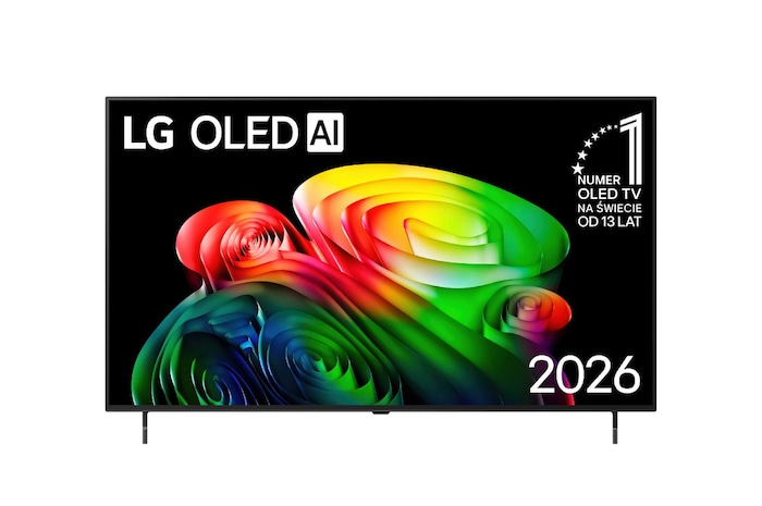 Widok z przodu telewizora LG OLED AI B6, wydanego w 2026 roku, przedstawia obraz warstwowych, wielokolorowych form, z technologią Perfect Black i Perfect Color, a także odznaką OLED TV nr 1 na świecie od 13 lat.