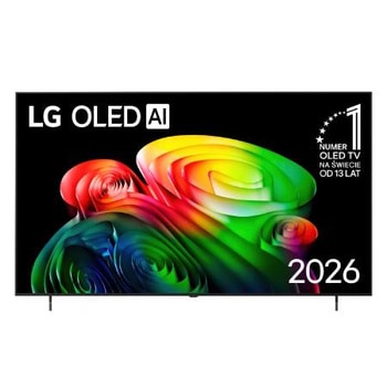 Widok z przodu LG OLED AI B6, wydanego w 2026 roku, charakteryzuje się smukłą czarną ramką, z żywym, rzeźbiarskim obrazem bogato warstwowych, wielokolorowych form wypełniających ekran.