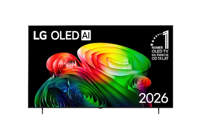 Widok z przodu telewizora LG OLED AI B6, wydanego w 2026 roku, przedstawia obraz warstwowych, wielokolorowych form, z technologią Perfect Black i Perfect Color, a także odznaką OLED TV nr 1 na świecie od 13 lat.