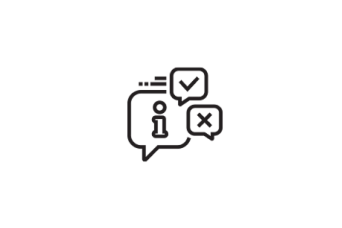 Dymki z wykrzyknikiem, znakiem zapytania i znakiem wyboru w prawym górnym rogu białego prostokąta z zaokrąglonymi rogami.