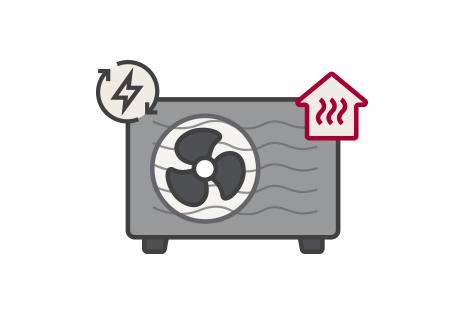 Dolna lewa jednostka zewnętrzna zawiera wentylator i koła zębate, podczas gdy jednostka wewnętrzna stoi po prawej stronie. Strzałka z jednostki wewnętrznej wskazuje na jednostkę zewnętrzną.