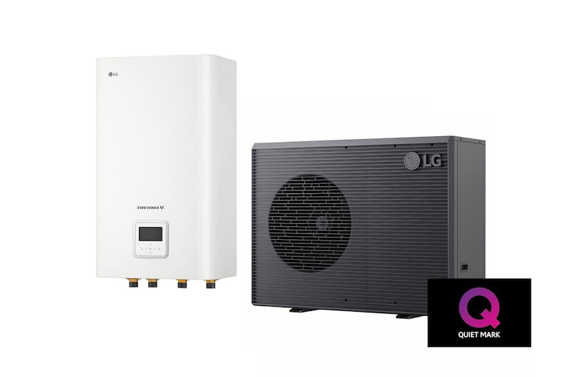 Pompa ciepła powietrze-woda LG THERMA V, czarna jednostka zewnętrzna z szarym falistym grillem.