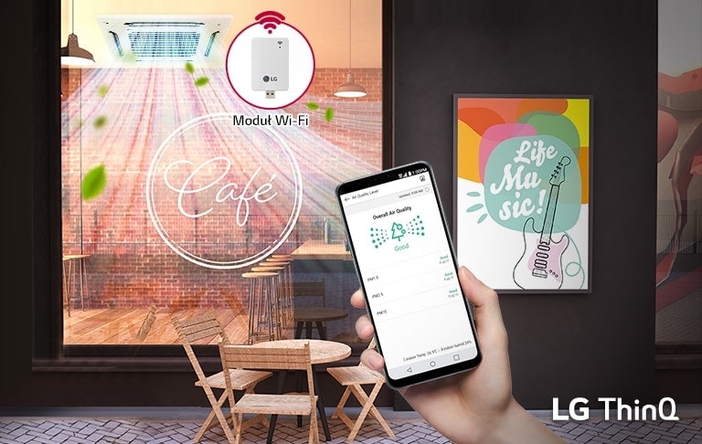 Aplikacja LG ThinQ, podłączona przez modem Wi-Fi, jest wyświetlana na smartfonie trzymanym w dłoni.