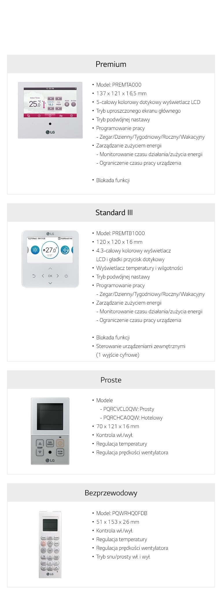 Linia indywidualnych kontrolerów LG HVAC VRF Multi V obejmuje gamę modeli: Premium, Standard, Simple, bezprzewodowy i z modemem Wi-Fi.