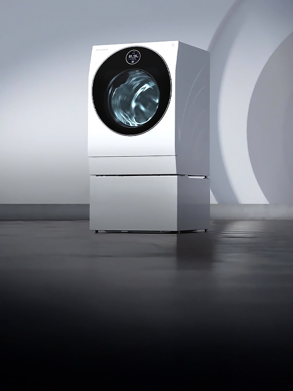 Suszarka LG w minimalistycznym stylu z tekstem Low Vibration and Noise ilustruje Centum System dla cichszej pracy.