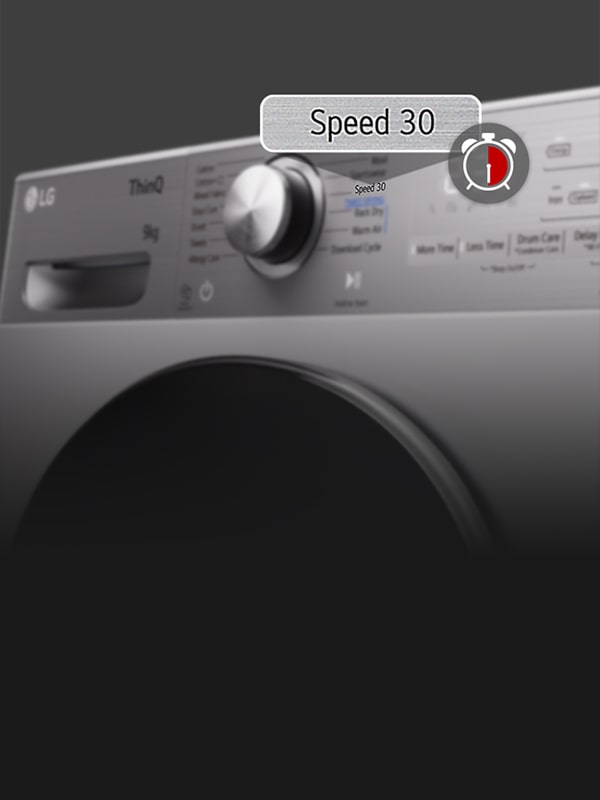 Zbliżenie panelu LG z wyświetlaczem Speed 30 podkreśla szybkie suszenie dzięki Dual Inverter heat pump.