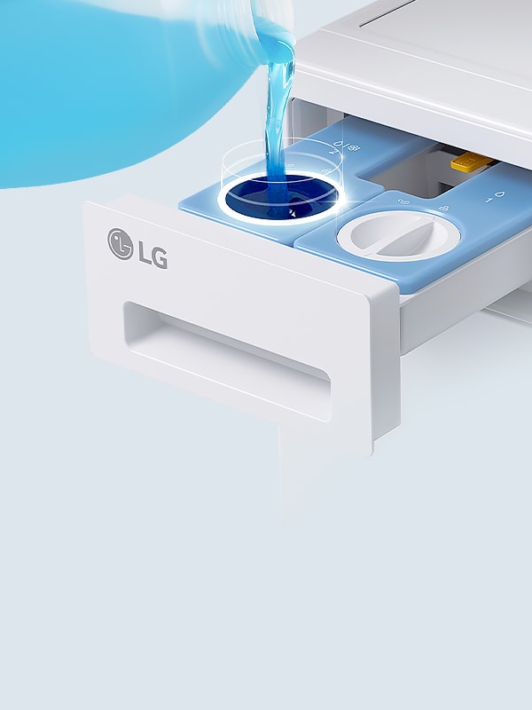 LG pralka szuflada na detergent napełniana płynem ilustruje automatyczne dozowanie ezDispense dla wielu cykli prania.