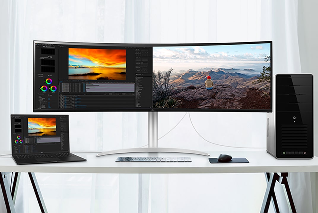 Konfiguracja monitora LG z udostępnioną klawiaturą i myszą ilustruje sterowanie KVM.