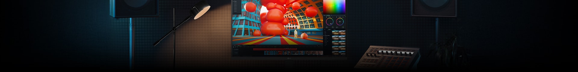 Mężczyzna edytujący zdjęcie dwóch modelek na monitorze LG UltraWide. Na ekranie widoczne są narzędzia do edycji obrazu oraz panele regulacji kolorów. Na biurku znajdują się aparat DSLR, klawiatura i mysz.