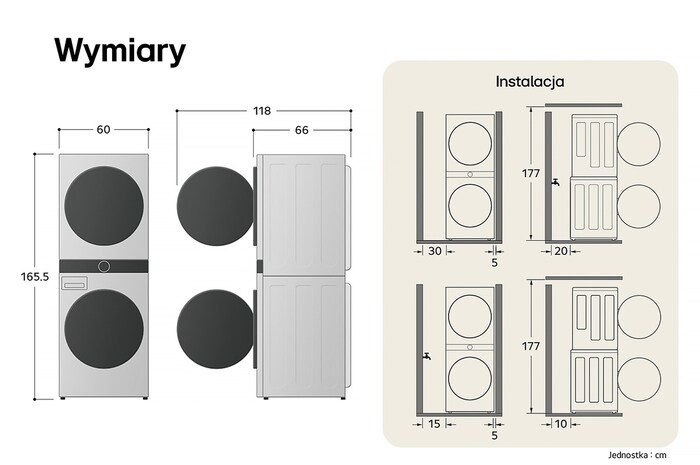 Schemat techniczny LG WashTower WT1210WWF przedstawiający wysokość 165,5 cm, szerokość 60 cm i głębokość 66 cm.