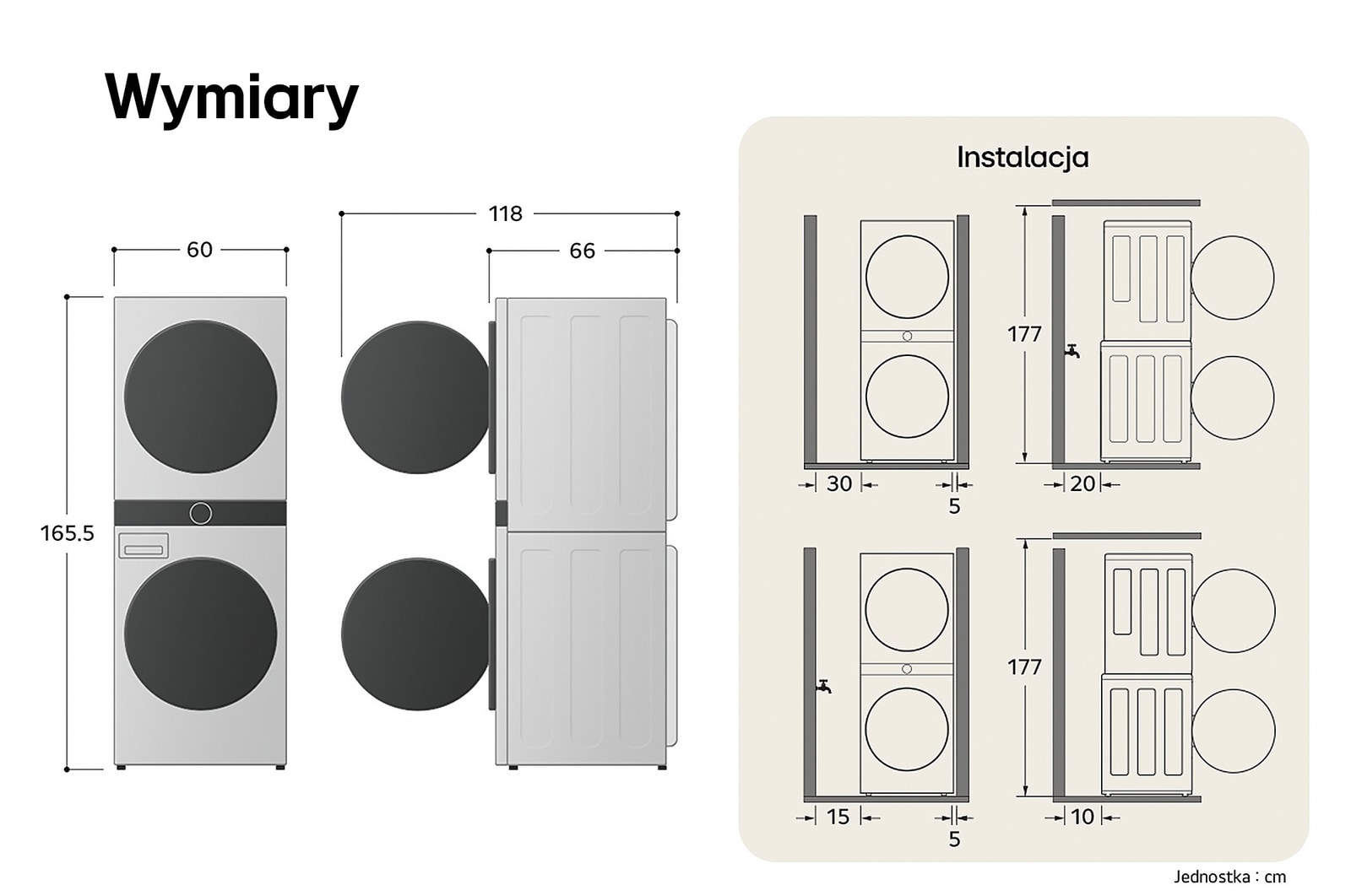 Schemat techniczny LG WashTower WT1210WWF przedstawiający wysokość 165,5 cm, szerokość 60 cm i głębokość 66 cm.