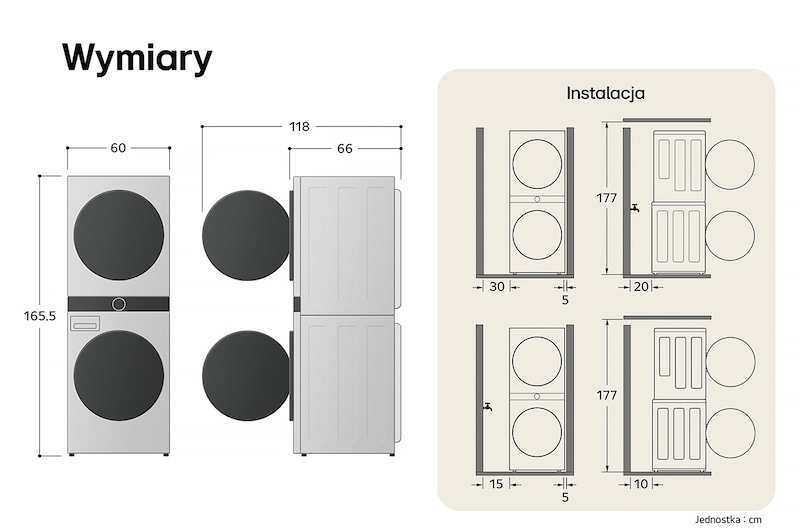 Schemat techniczny LG WashTower WT1210WWF przedstawiający wysokość 165,5 cm, szerokość 60 cm i głębokość 66 cm.